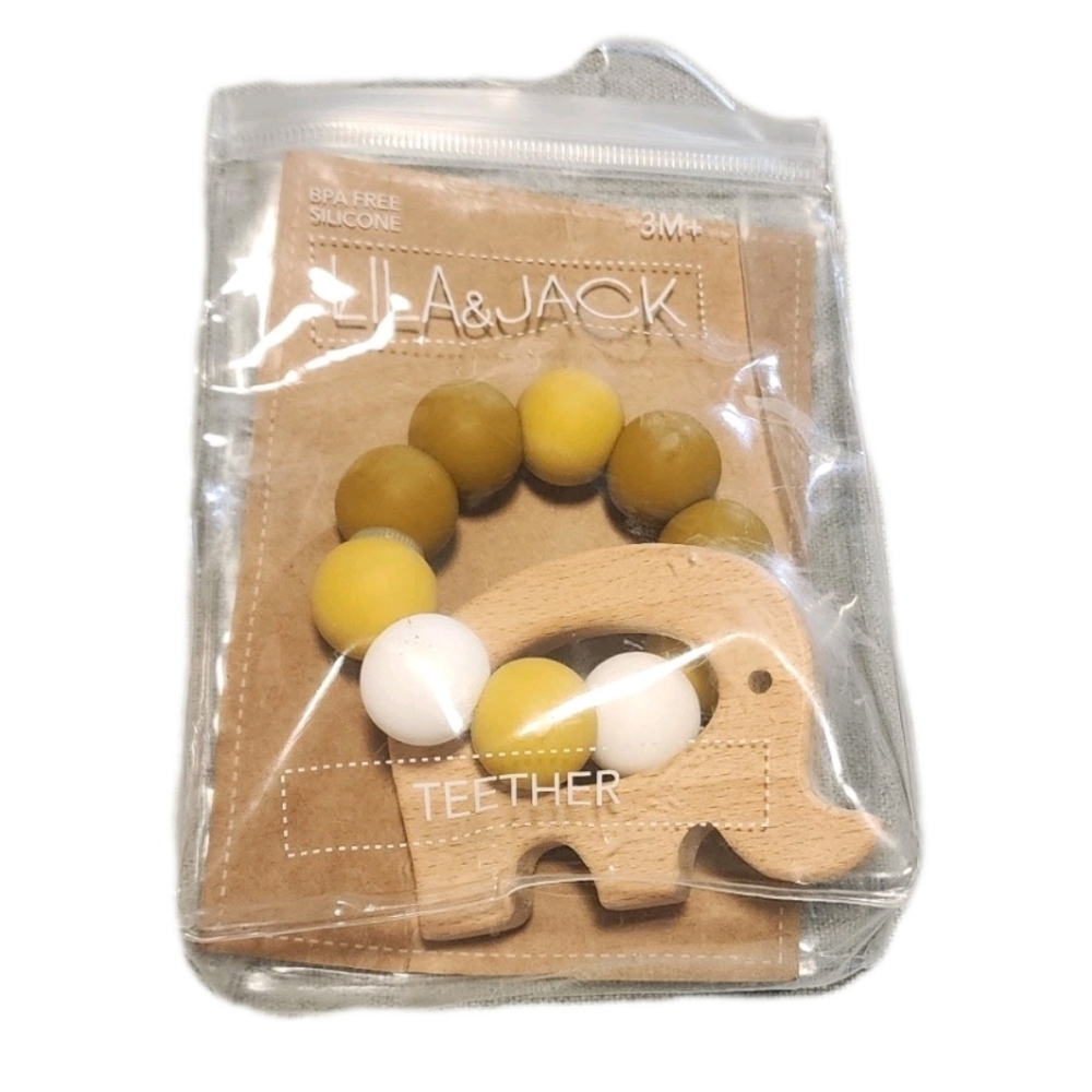 Lila & Jack Teether W/Wooden Elephant 3 Months + BPA Free Silicone & Wood New